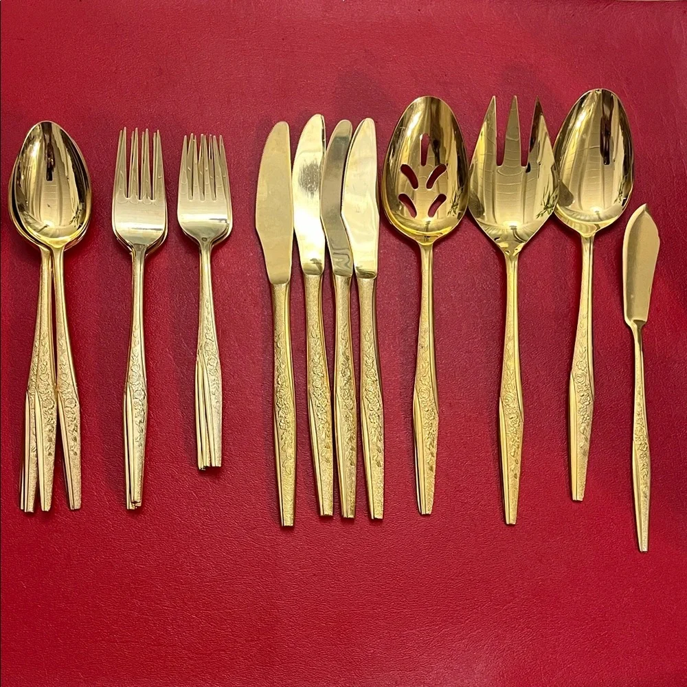 Vintage JH Golden Bouquet Flatware, Gold Tone Floral Stainless Steel